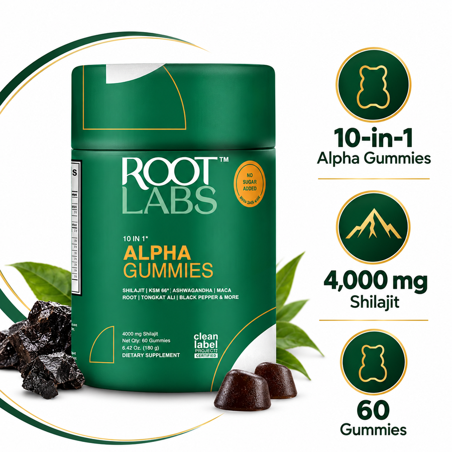 ROOT LABS Alpha Gummies facts: 10-in-1, 4,000 mg shilajit, 60 gummies