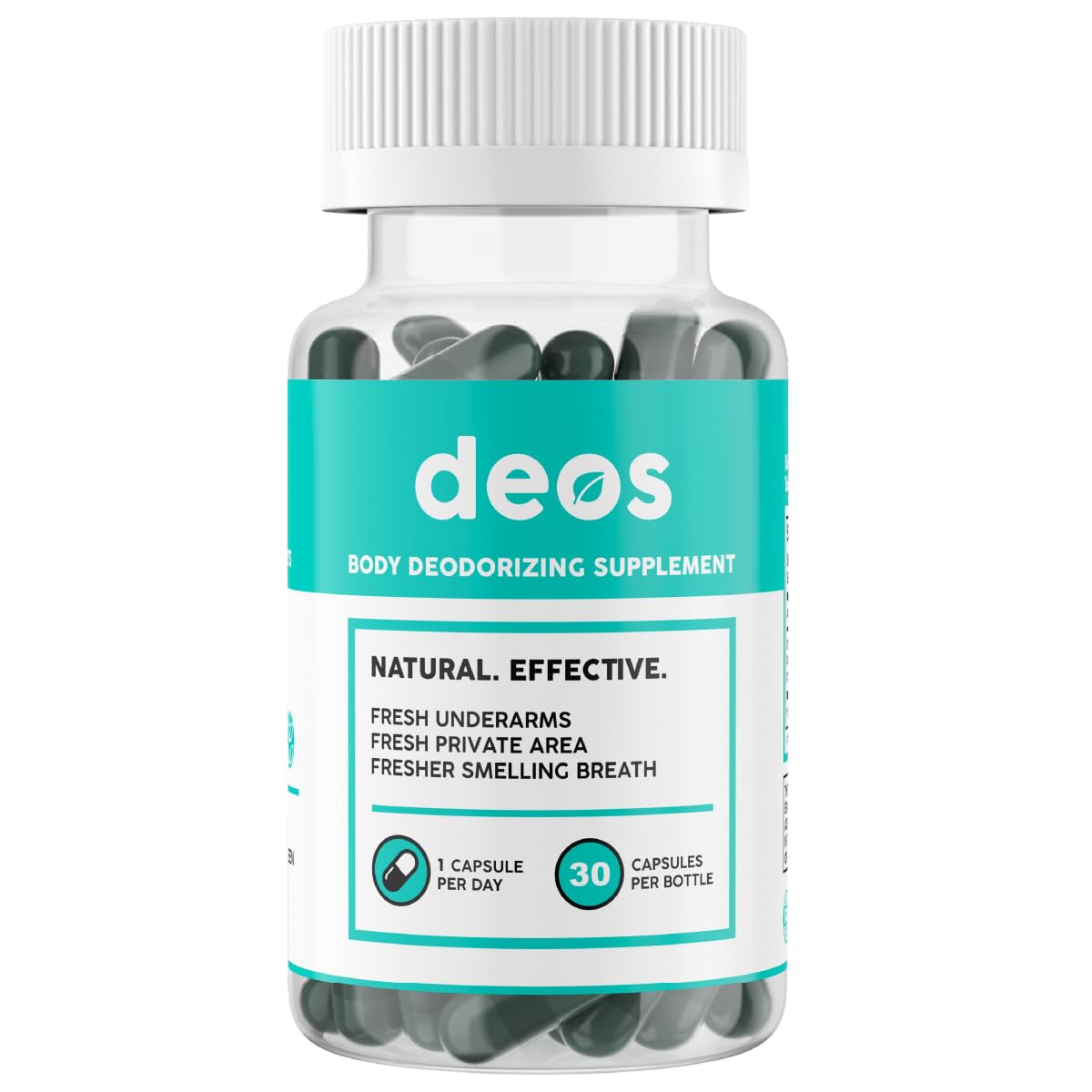 Deos Body Deodorizing Supplement, 30 capsules, front bottle on white