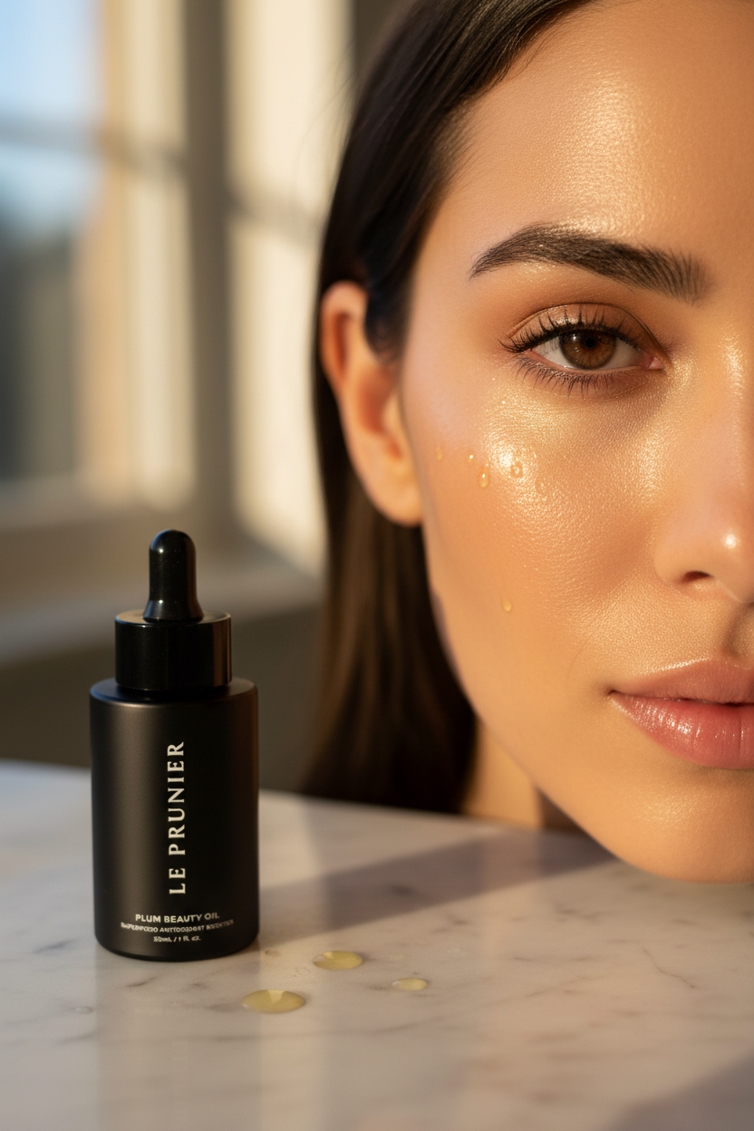 UGC close-up glowing skin plum oil