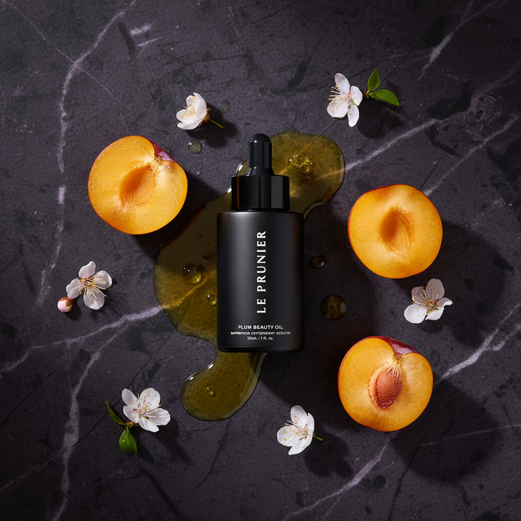 UGC flat lay plum oil golden drops