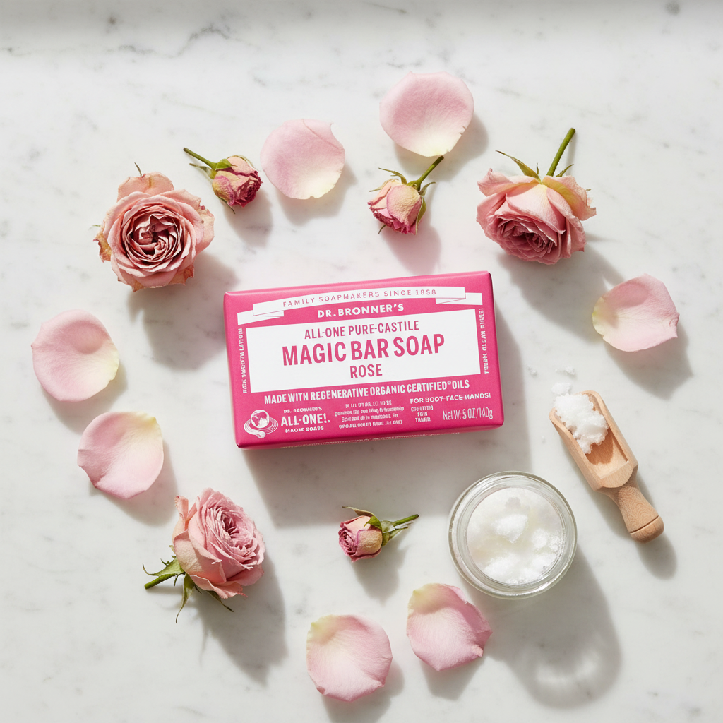 UGC flat lay rose petals organic soap