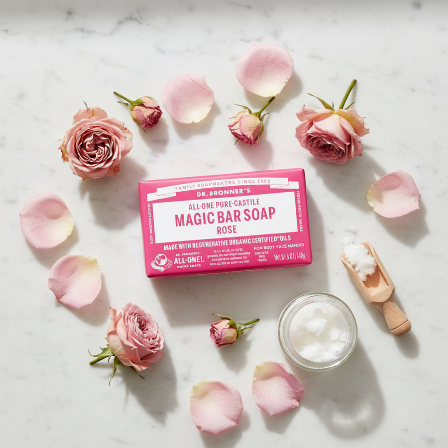 UGC flat lay rose petals organic soap