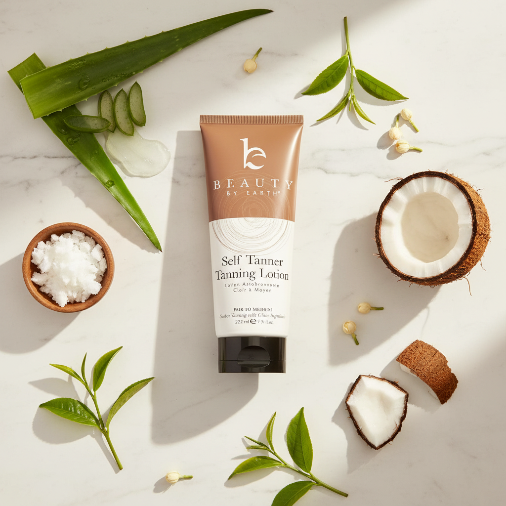 UGC flat lay self tanner clean ingredients
