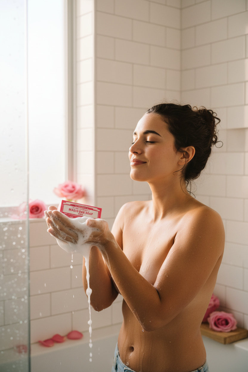 UGC lifestyle Dr. Bronner's Rose soap shower