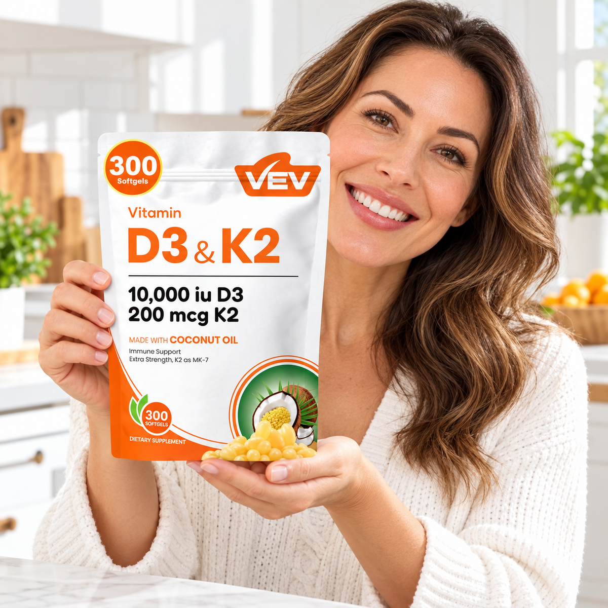 VEV Vitamin D3 and K2 with MCT coconut oil, 300 softgels lifestyle image