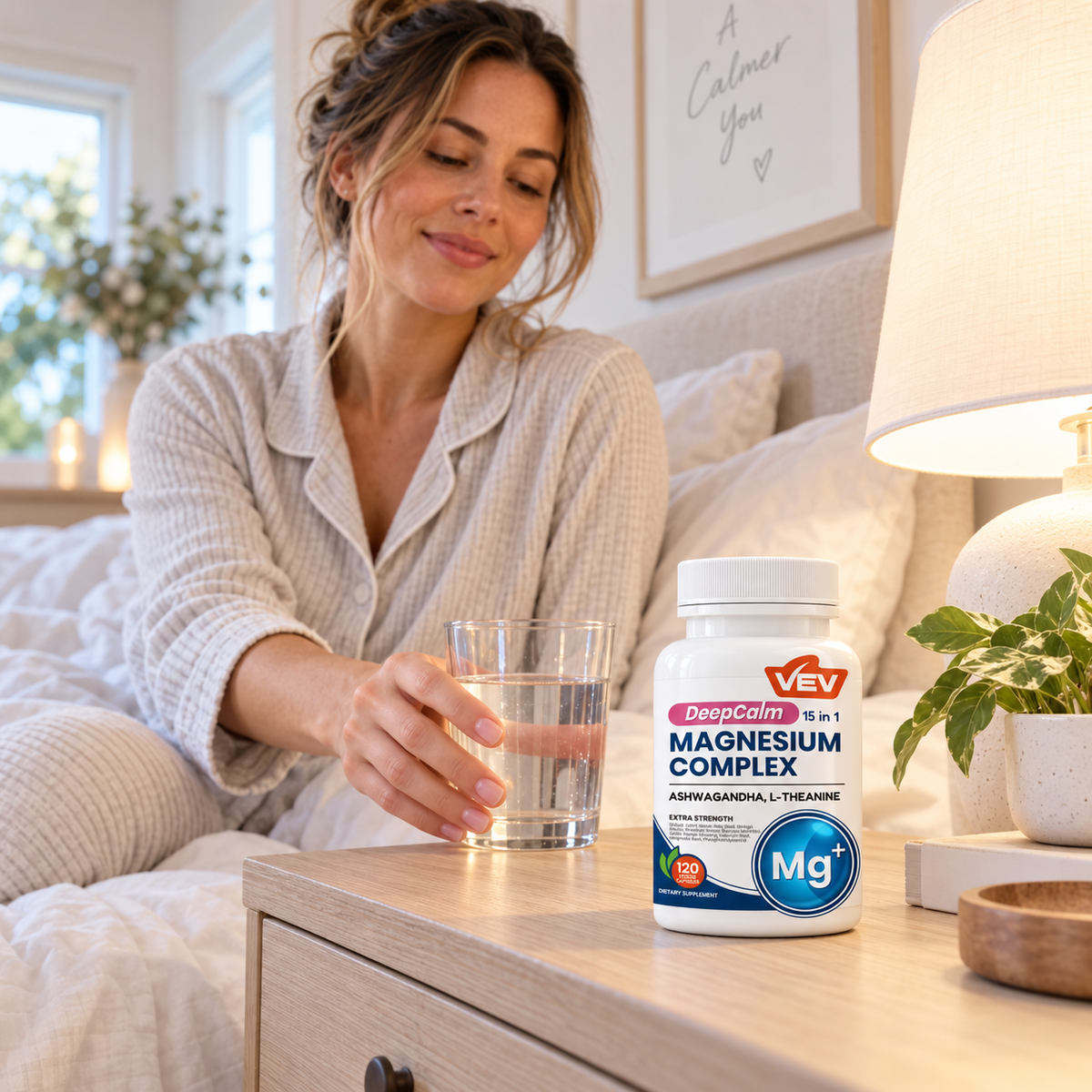 VEV Deep Calm capsules on a bright bedside table