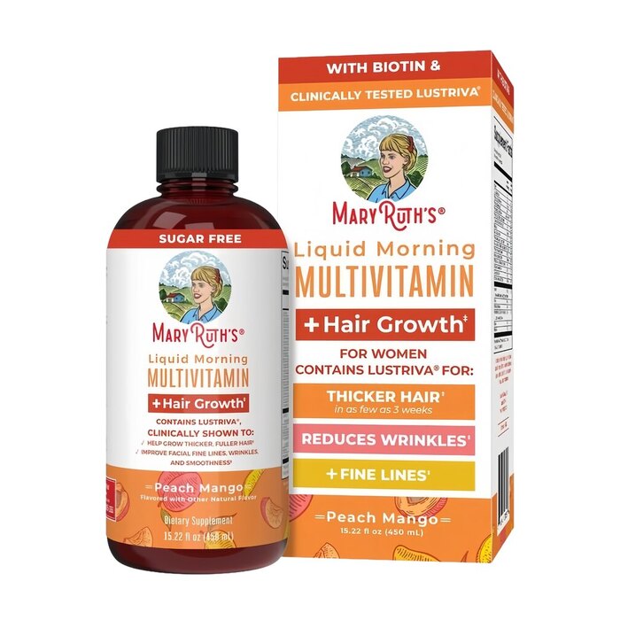 MaryRuth's Liquid Morning Multivitamin + Hair Growth – Peach Mango, 450 mL