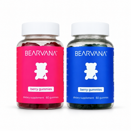 Bearvana berry gummies two-bottle set: pink and blue bottles, 60 gummies each