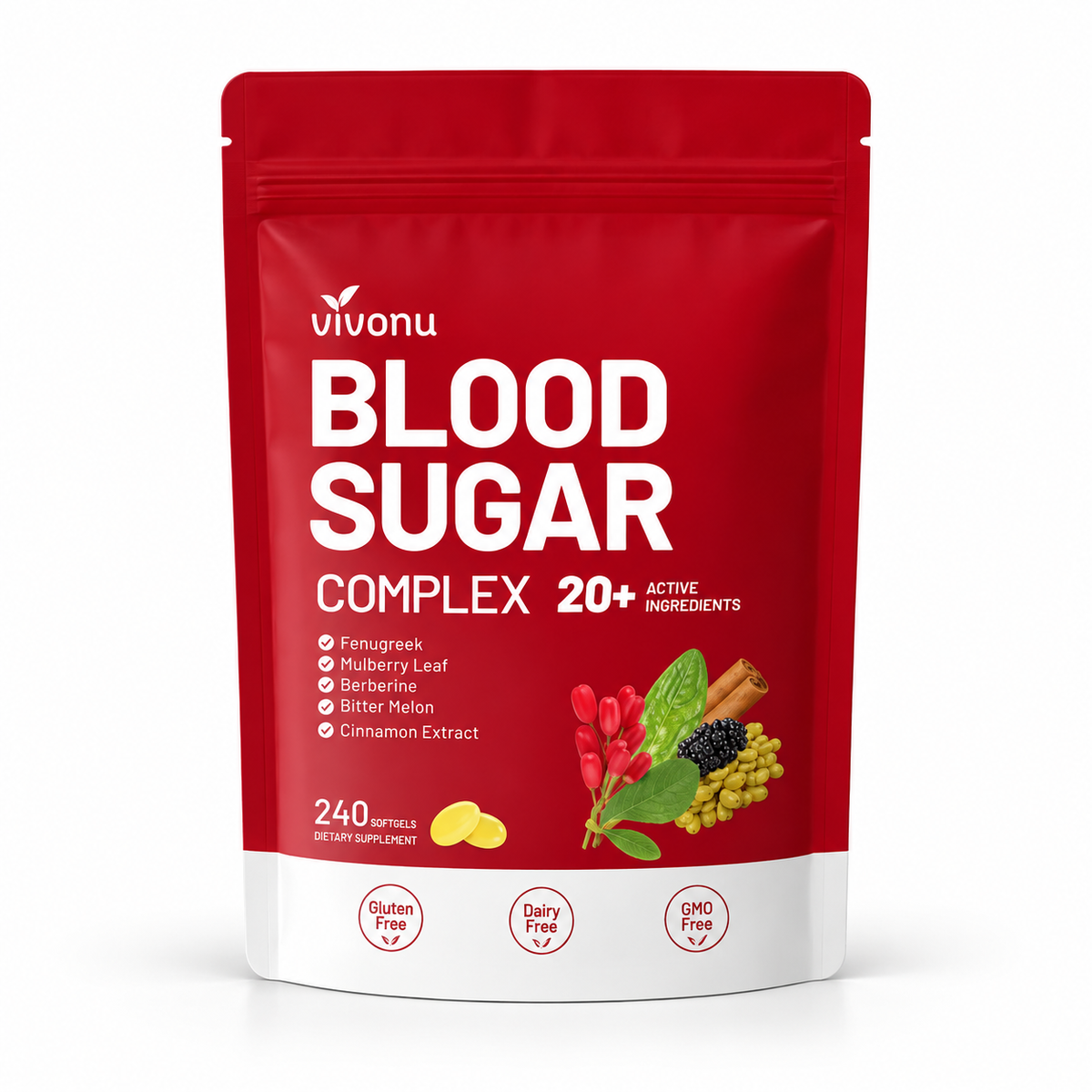 VivoNu Blood Sugar Complex 20+, 240 softgels pouch on white