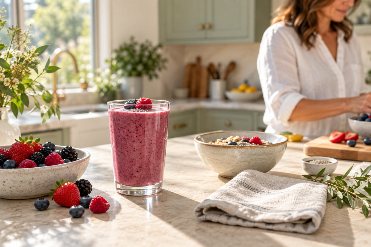 A berry smoothie and breakfast favorites in a sunlit kitchen