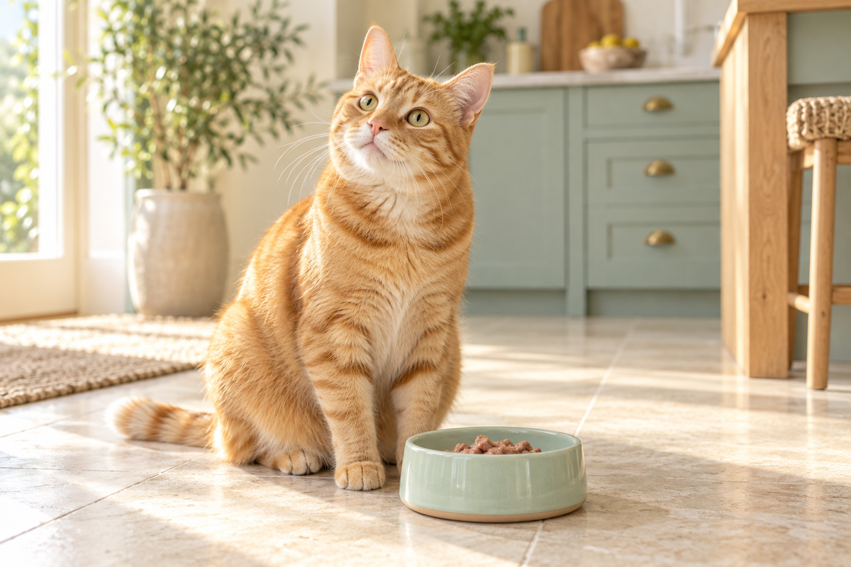 An orange tabby cat beside a food bowl in a sunny home