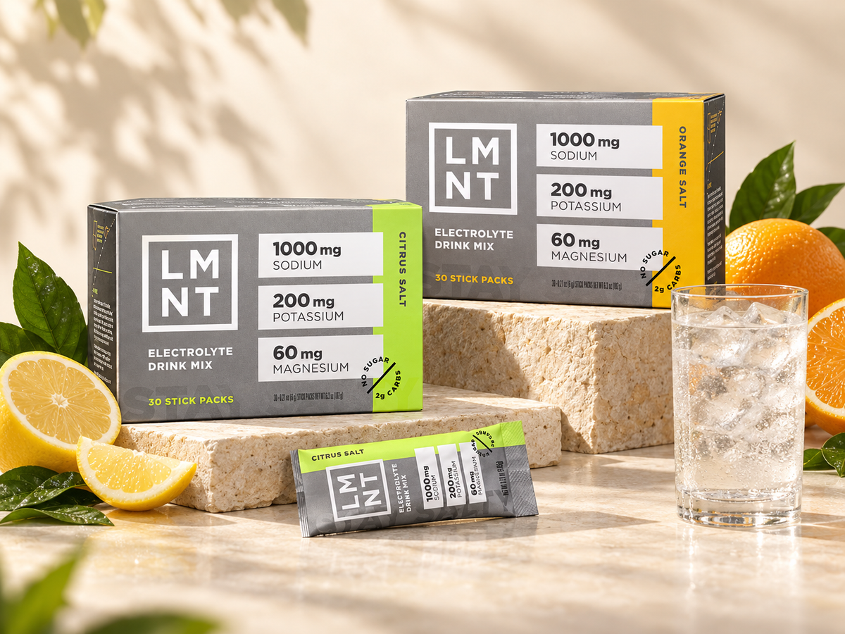 LMNT Citrus Salt and Orange Salt electrolyte drink mix boxes